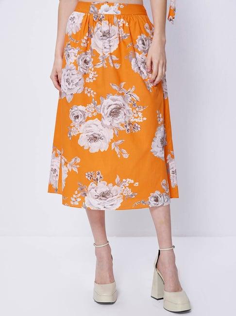 cover story orange floral print a-line midi skirt