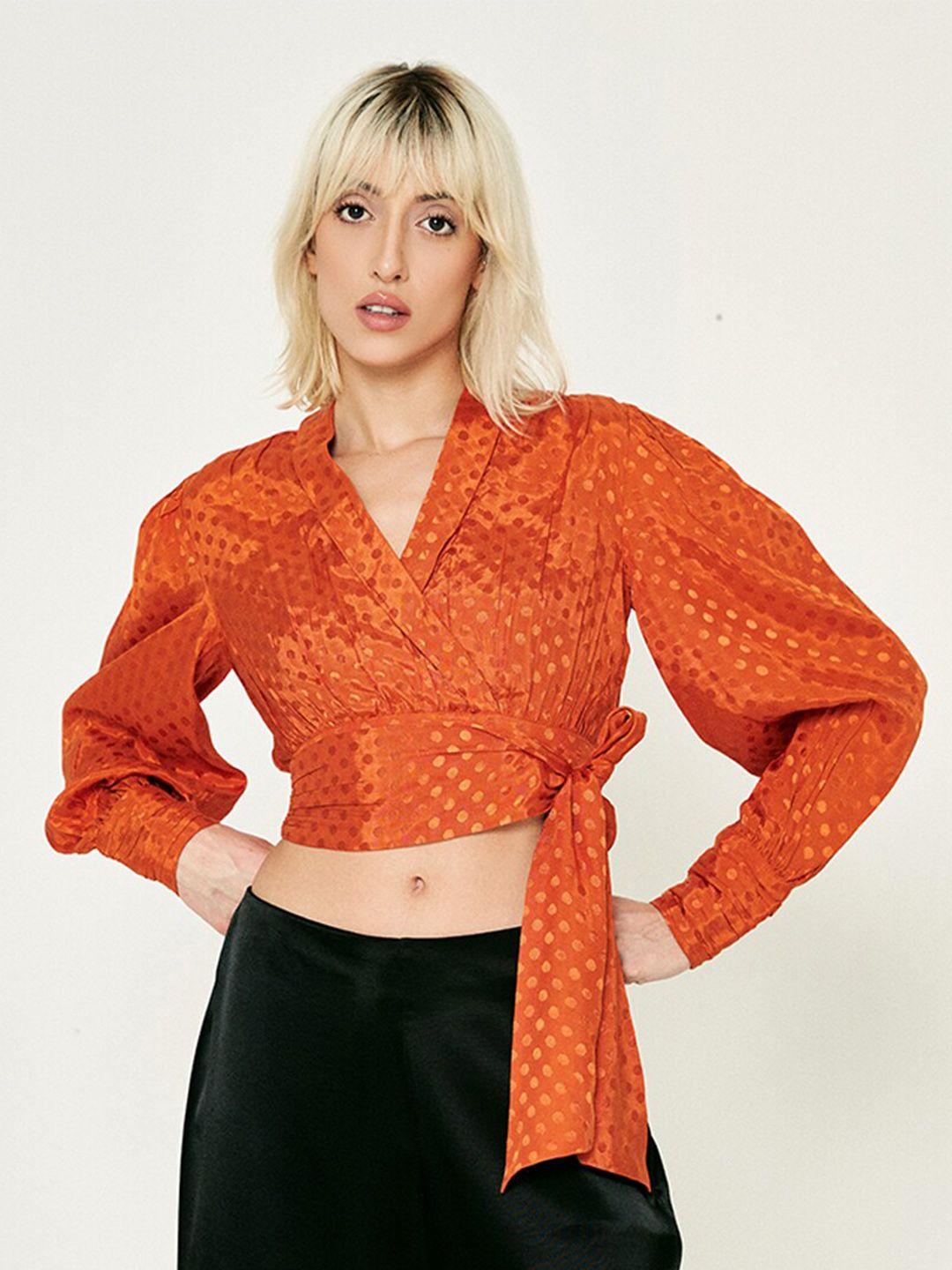 cover story orange geometric printed cuffed sleeves wrap crop top