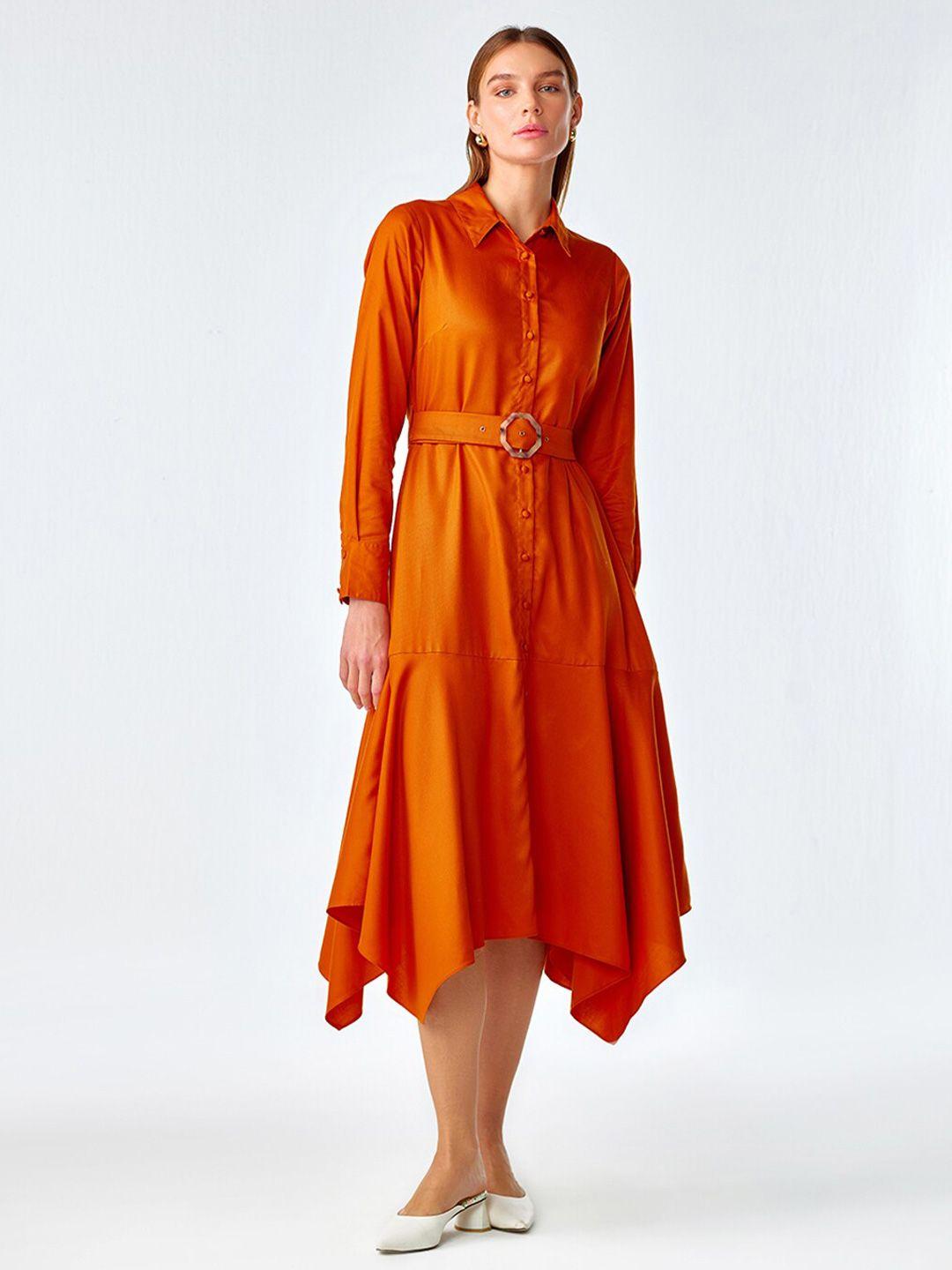 cover story orange shirt midi dress