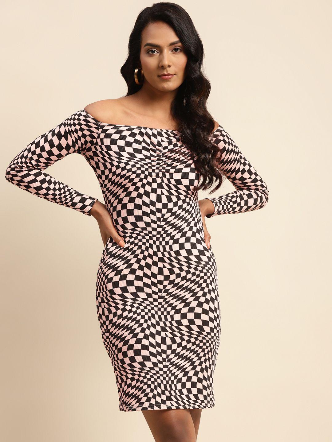 cover story pink & black off-shoulder bodycon dress