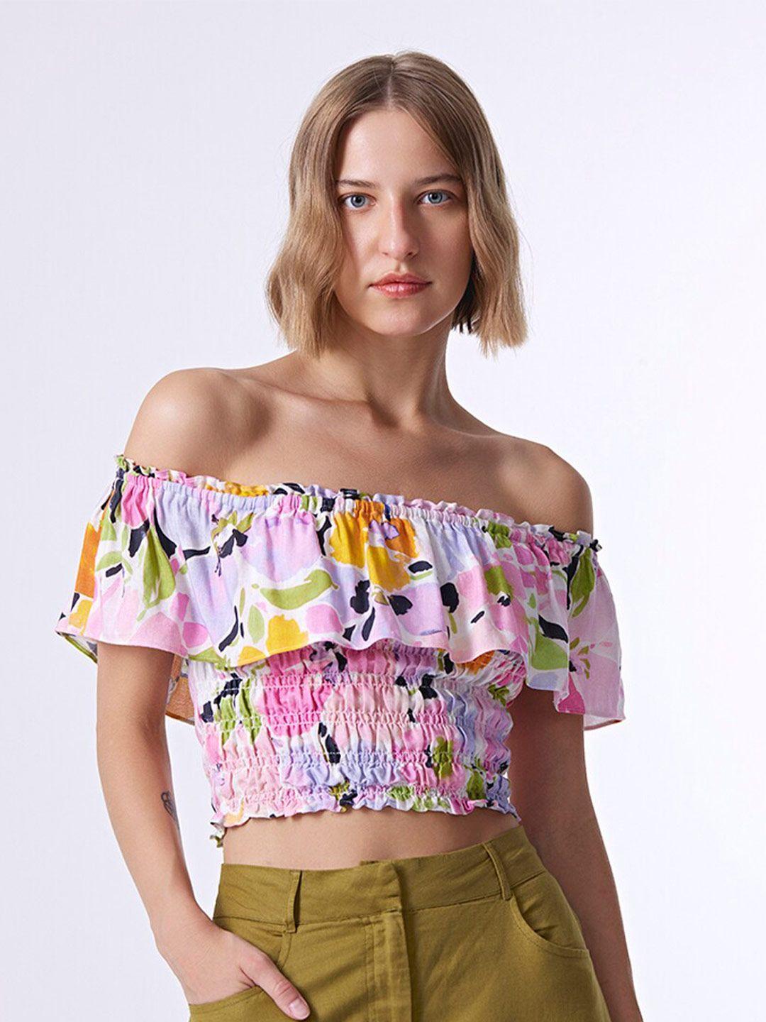 cover story pink floral printed off-shoulder flutter sleeves smocked crop bardot top