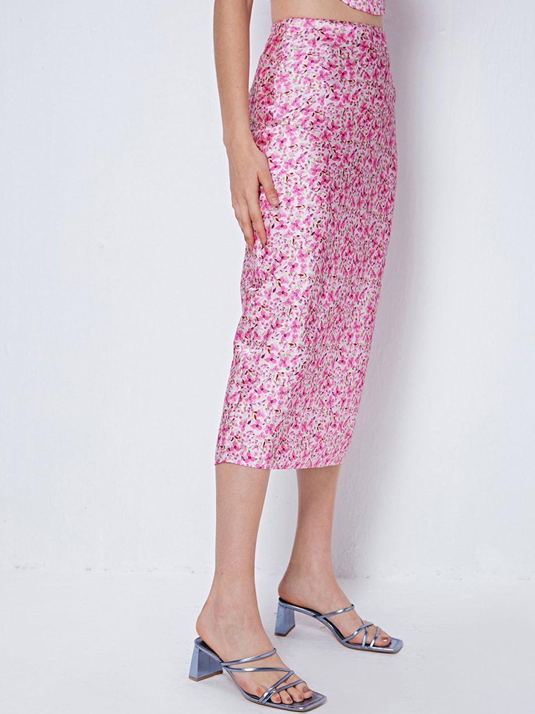 cover story pink floral printed pencil midi skirt