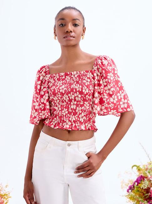 cover story red & white floral print crop top