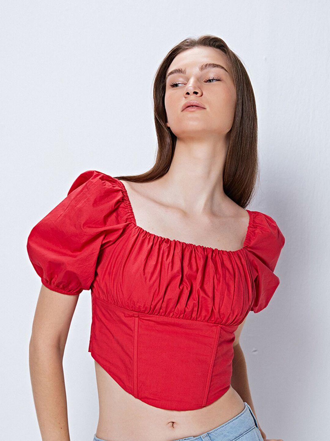 cover story red puff sleeve cotton crop top