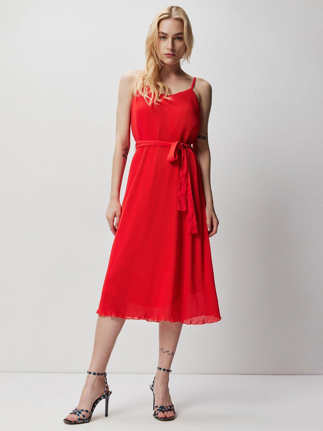 cover story red shoulder strap accordion pleated fit & flare midi dress