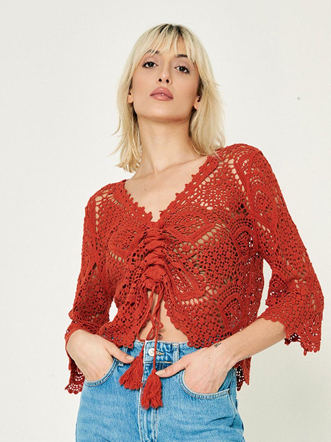 cover story self design v-neck flared sleeve cotton crochet top