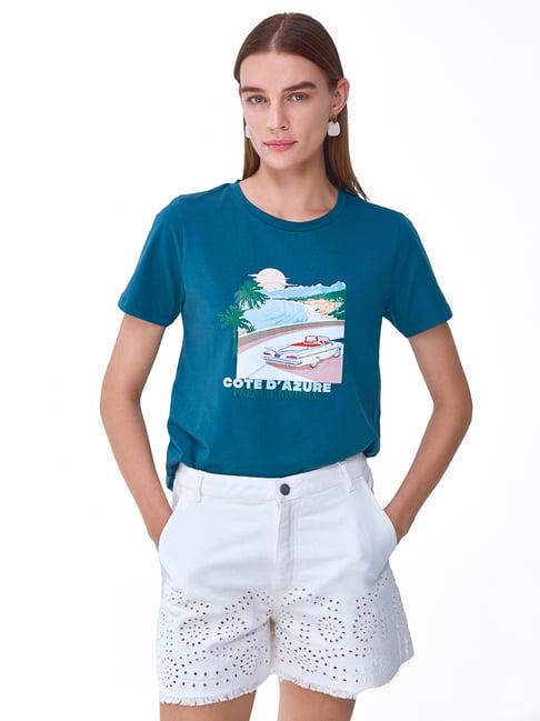 cover story teal cotton graphic print t-shirt