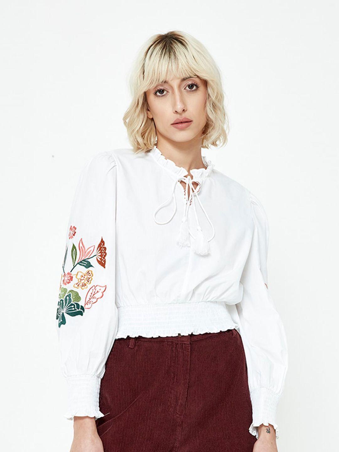 cover story tie-up neck cuffed sleeves top