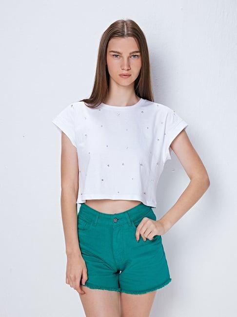 cover story white embellished crop t-shirt