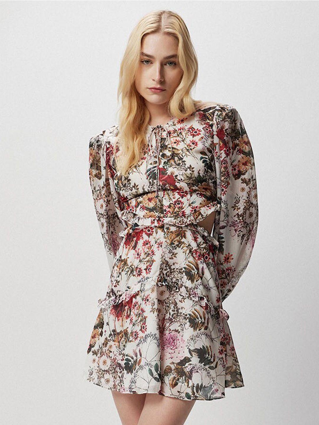 cover story white floral printed tie-up neck cut-out a-line mini dress