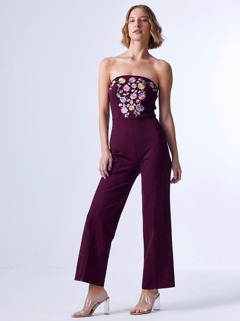 cover story wine embroidered jumpsuit