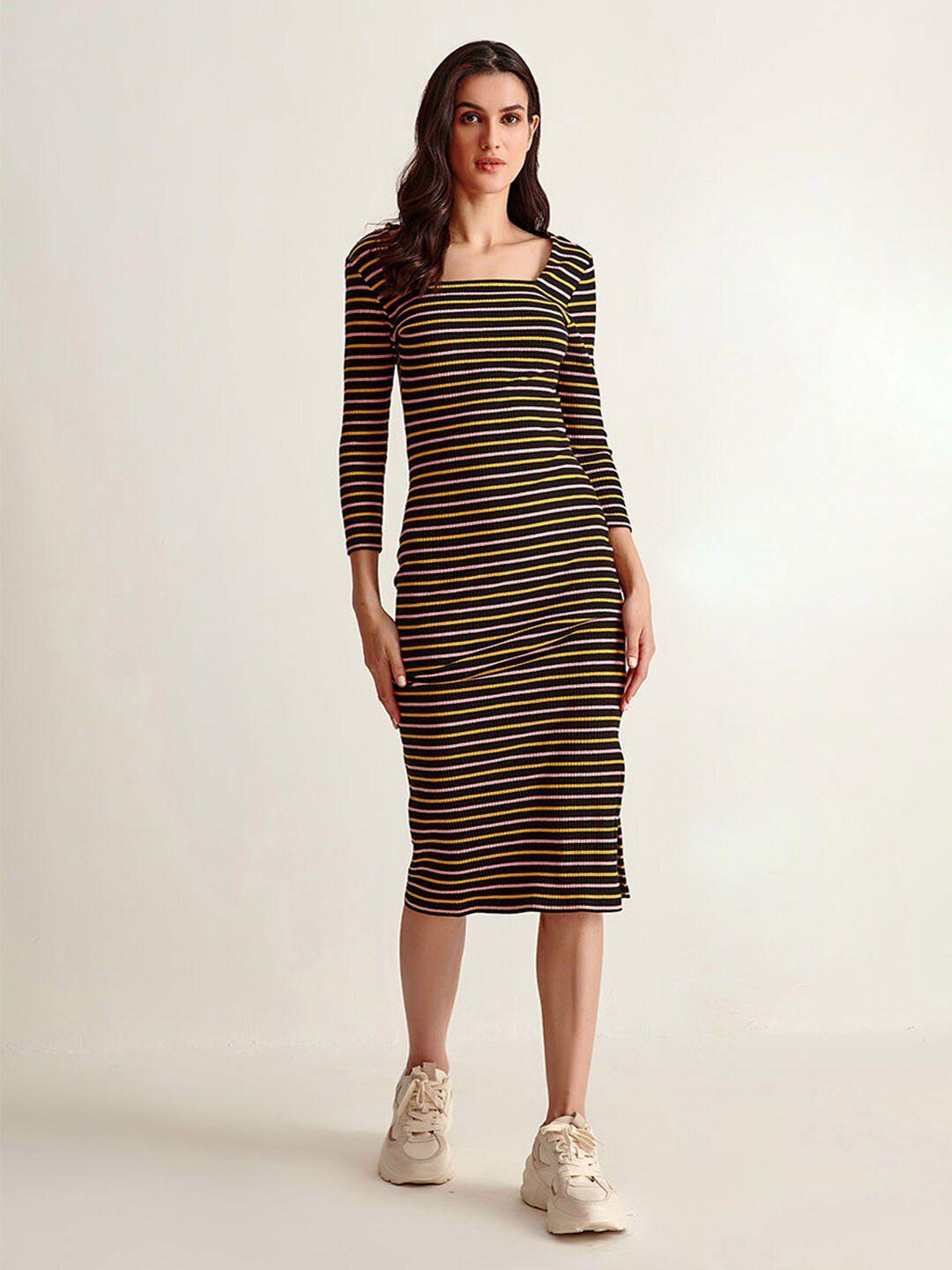 cover story women black & yellow striped cotton bodycon midi dress