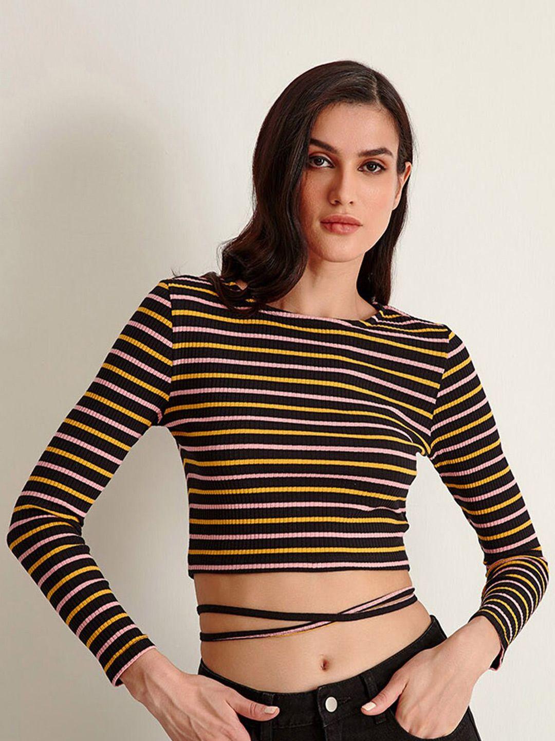 cover story women black & yellow striped cotton crop fitted top