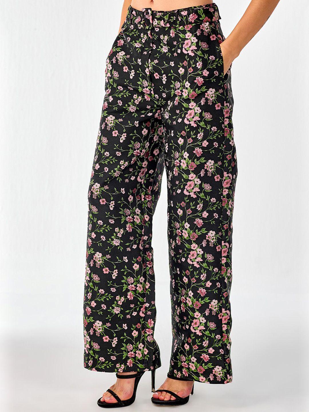 cover story women black floral printed trousers