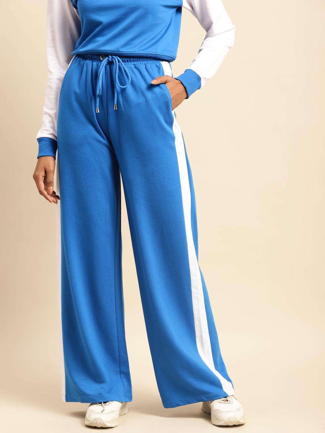 cover story women blue striped joggers trousers