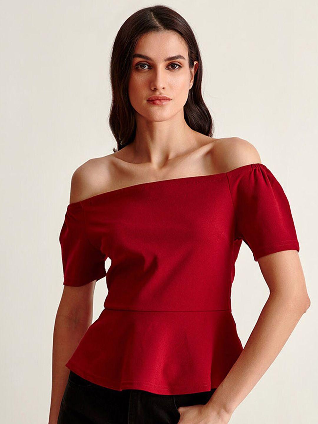 cover story women maroon solid off-shoulder bardot top