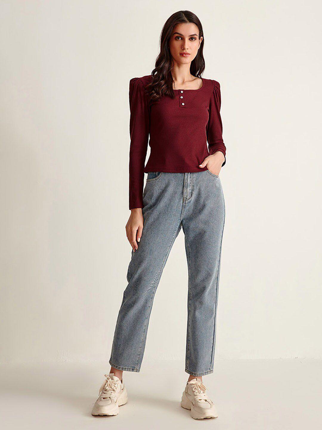 cover story women maroon square neck stretchable top