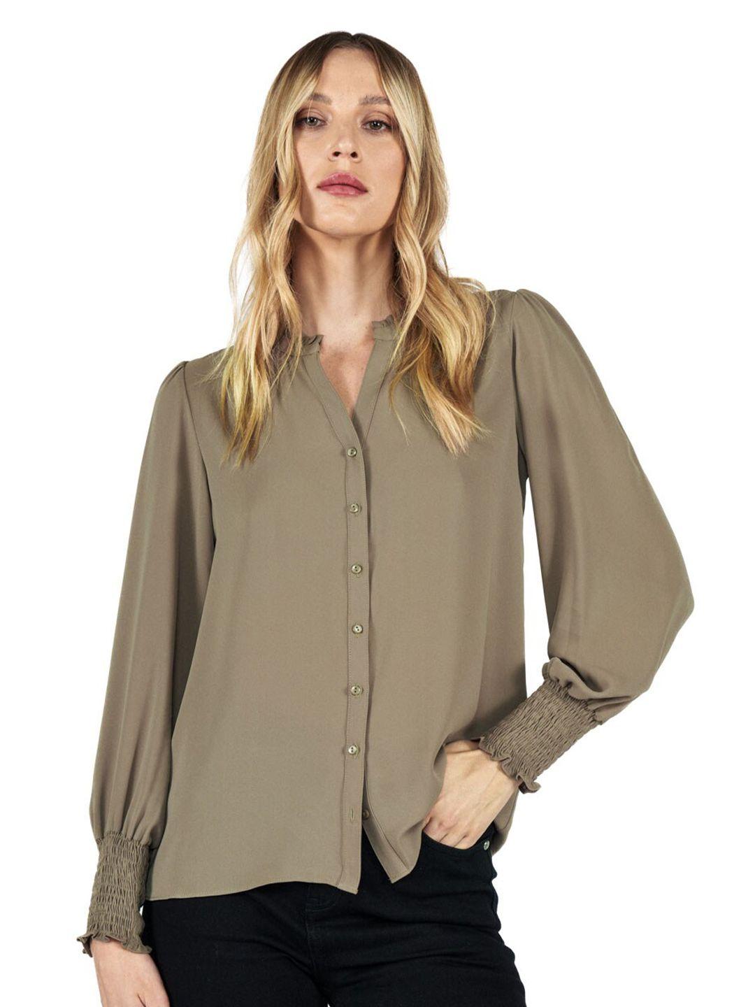 cover story women olive green printed casual shirt