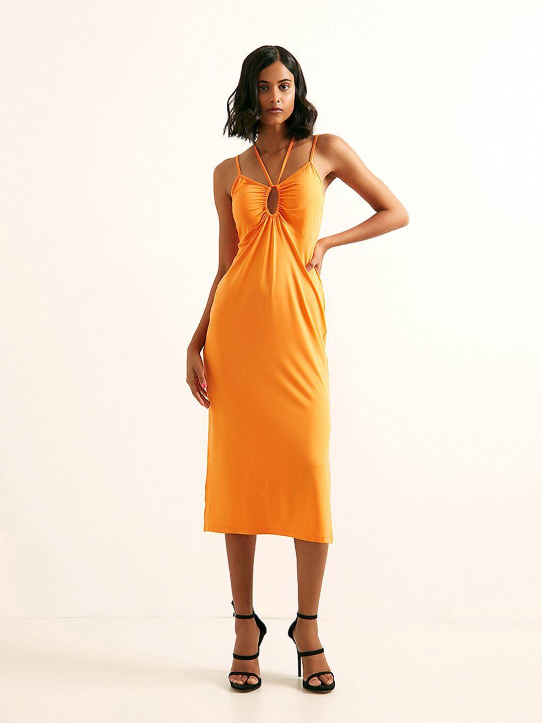 cover story women orange solid sheath midi dress