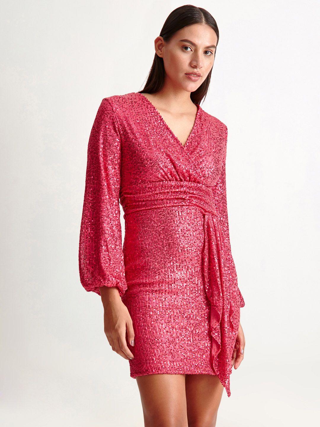 cover story women pink embellished polyester wrap dress