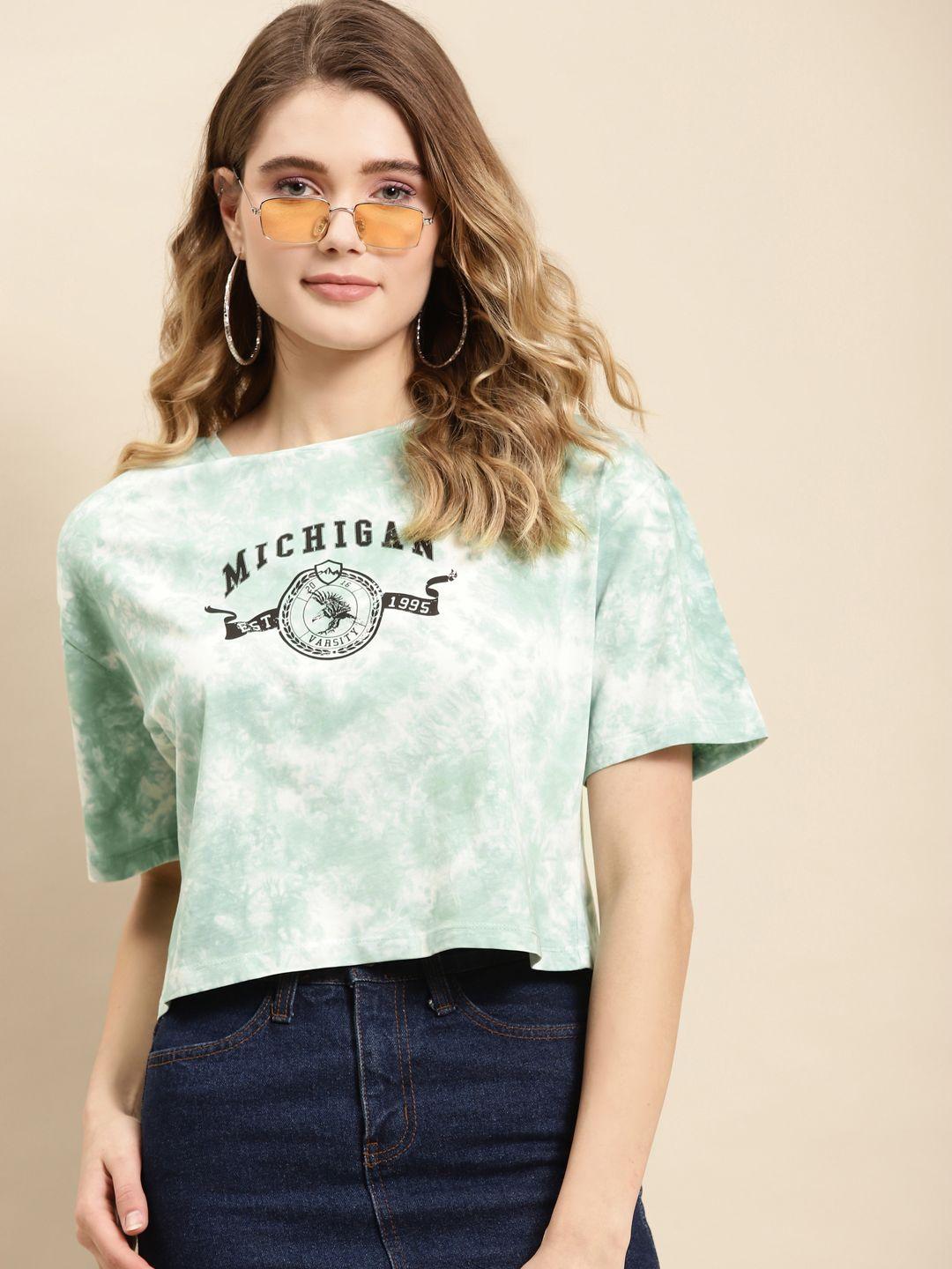 cover story women turquoise blue printed cropped cotton spandex t-shirt