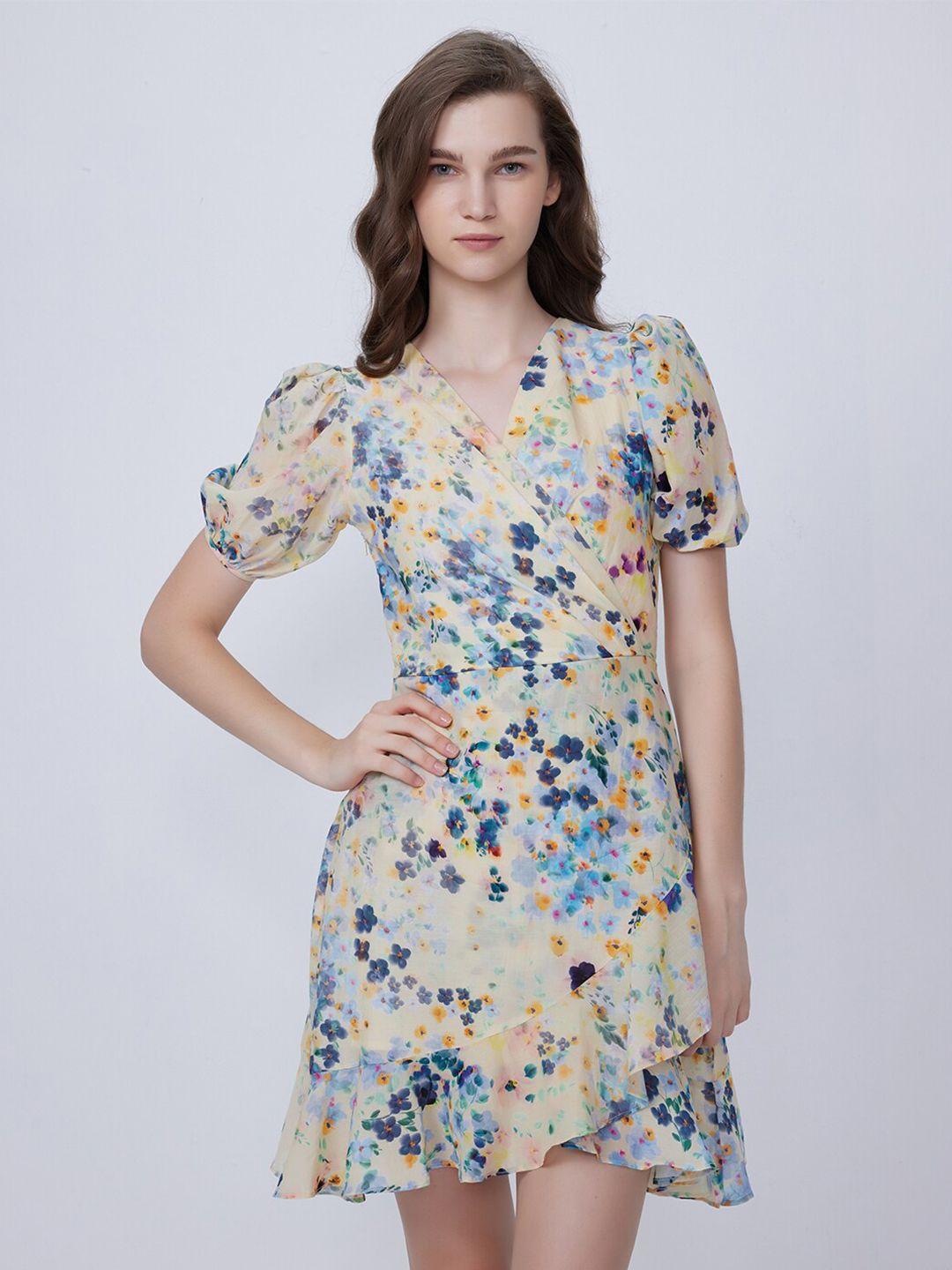 cover story yellow & blue floral printed v-neck puff sleeve fit & flare dress