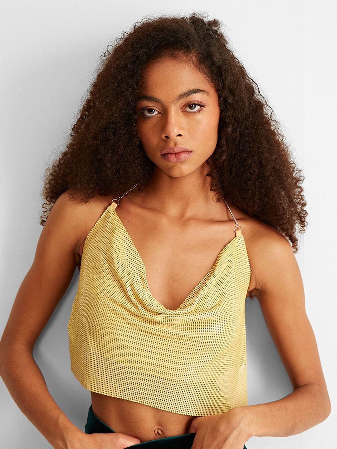 cover story yellow embellished bling & sparkly cowl neck crop top