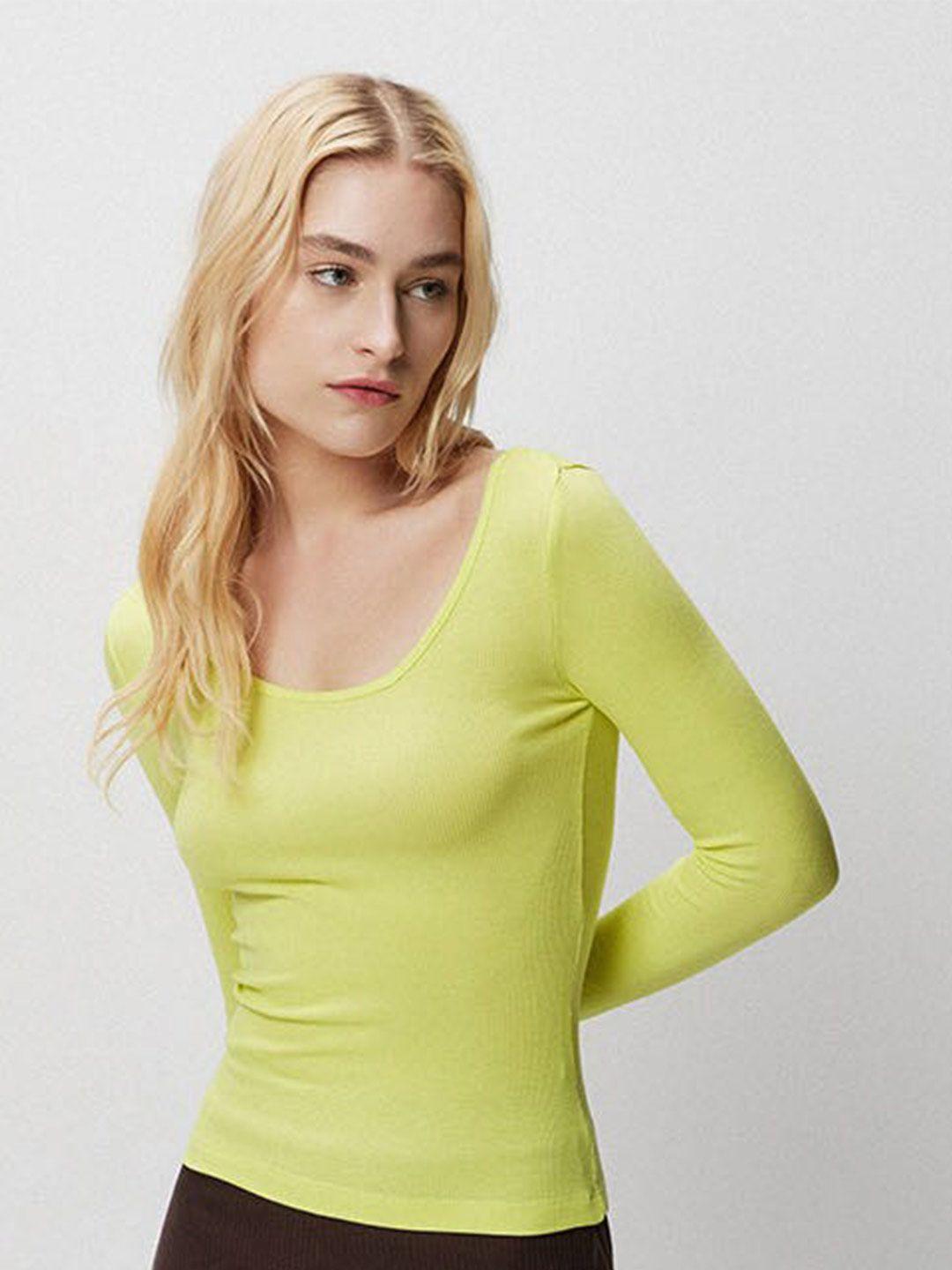 cover story yellow scoop neck long sleeves fitted top