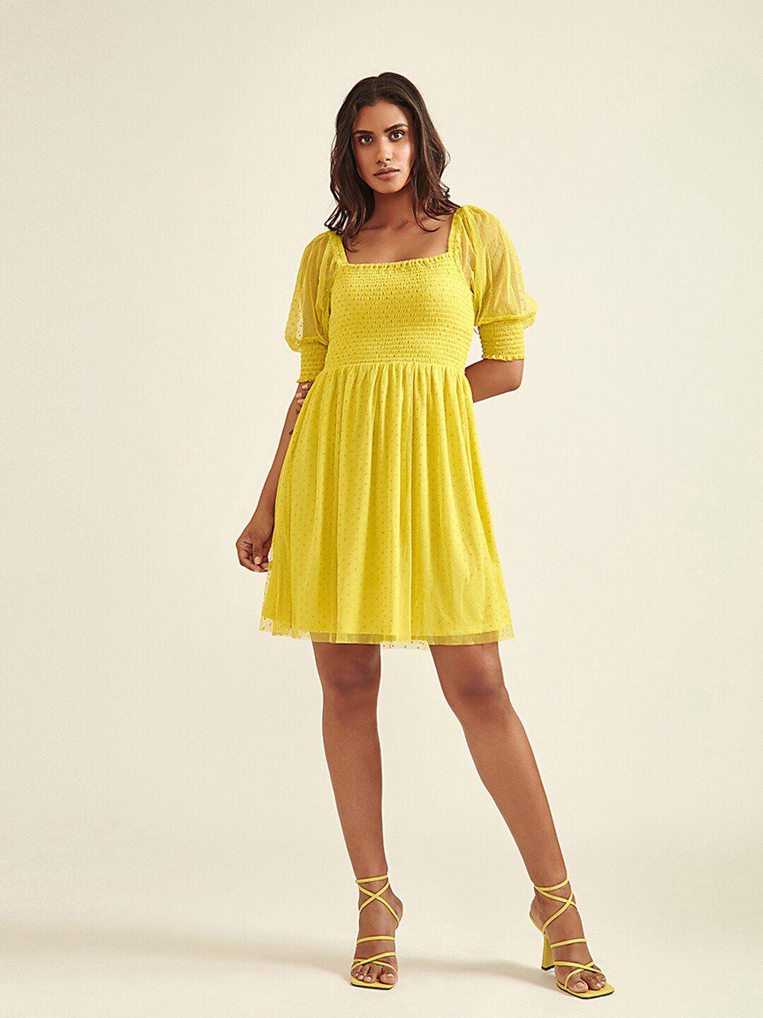 cover story yellow solid fit & flare dress