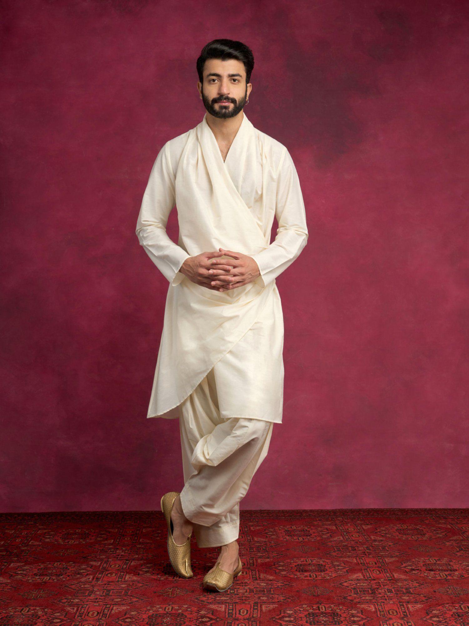cowl-draped asymmetric kurta paired with salwar pants-cream (set of 2)