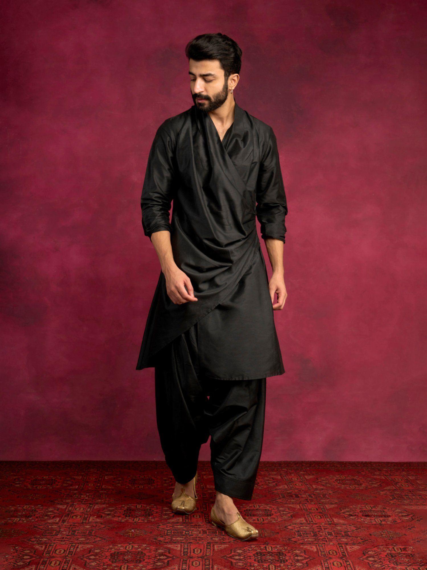 cowl-draped asymmetric kurta paired with salwar pants-rich black (set of 2)