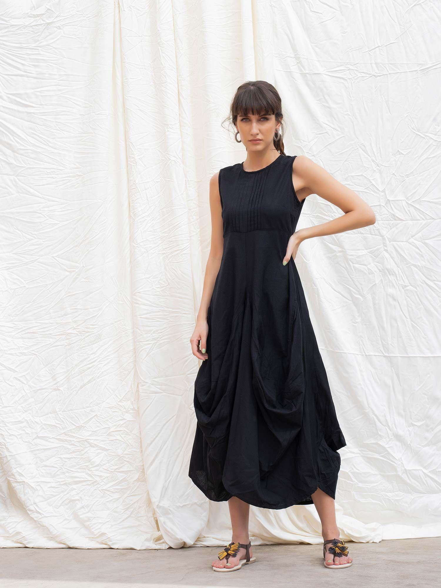cowl dress with pleated front in mangalgiri cotton-midnight black