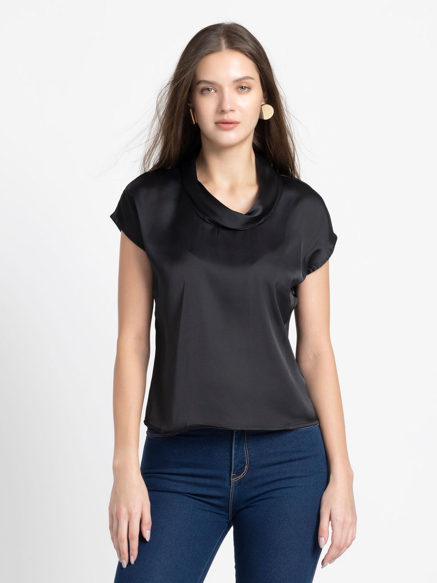 cowl neck black solid half sleeves casual top for women