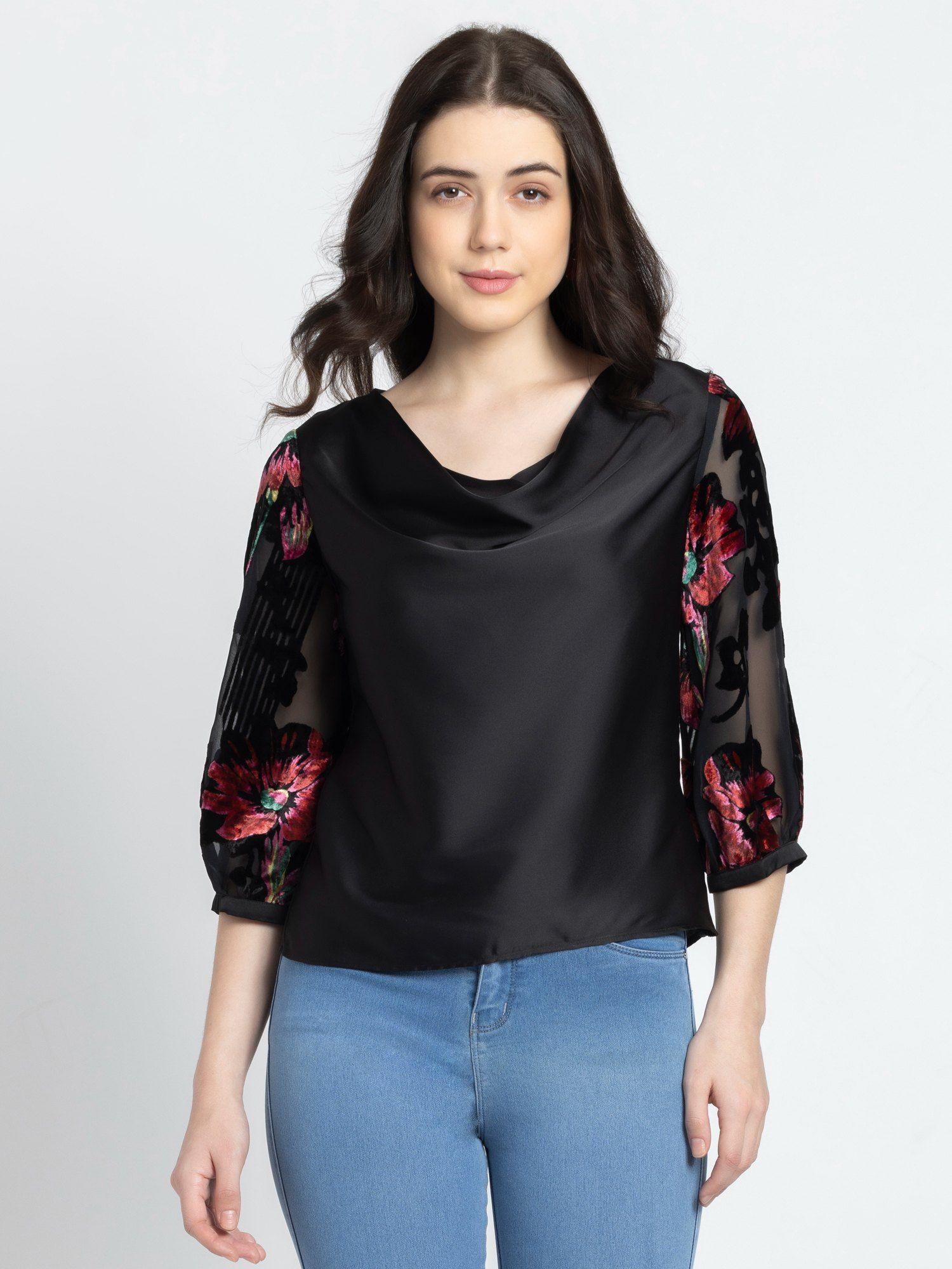 cowl neck black solid three fourth sleeves party tops for women