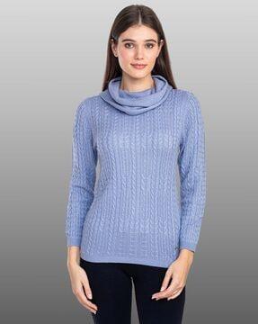 cowl-neck pullover sweater with ribbed sleeves