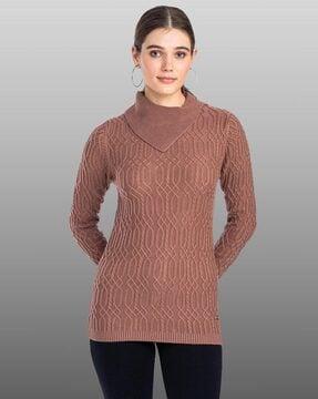 cowl-neck pullover sweater with ribbed sleeves