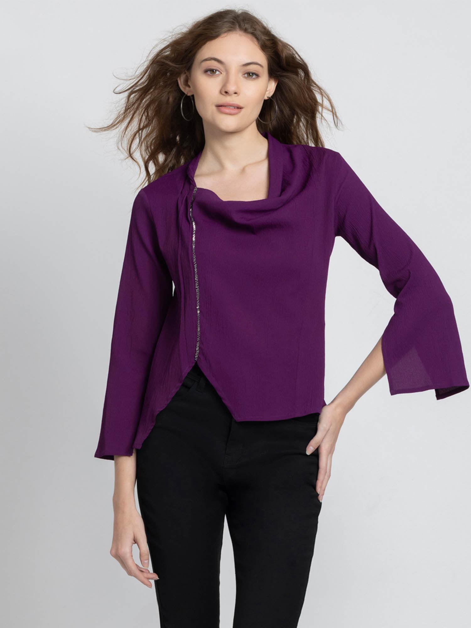 cowl neck purple solid full sleeves party tops for women