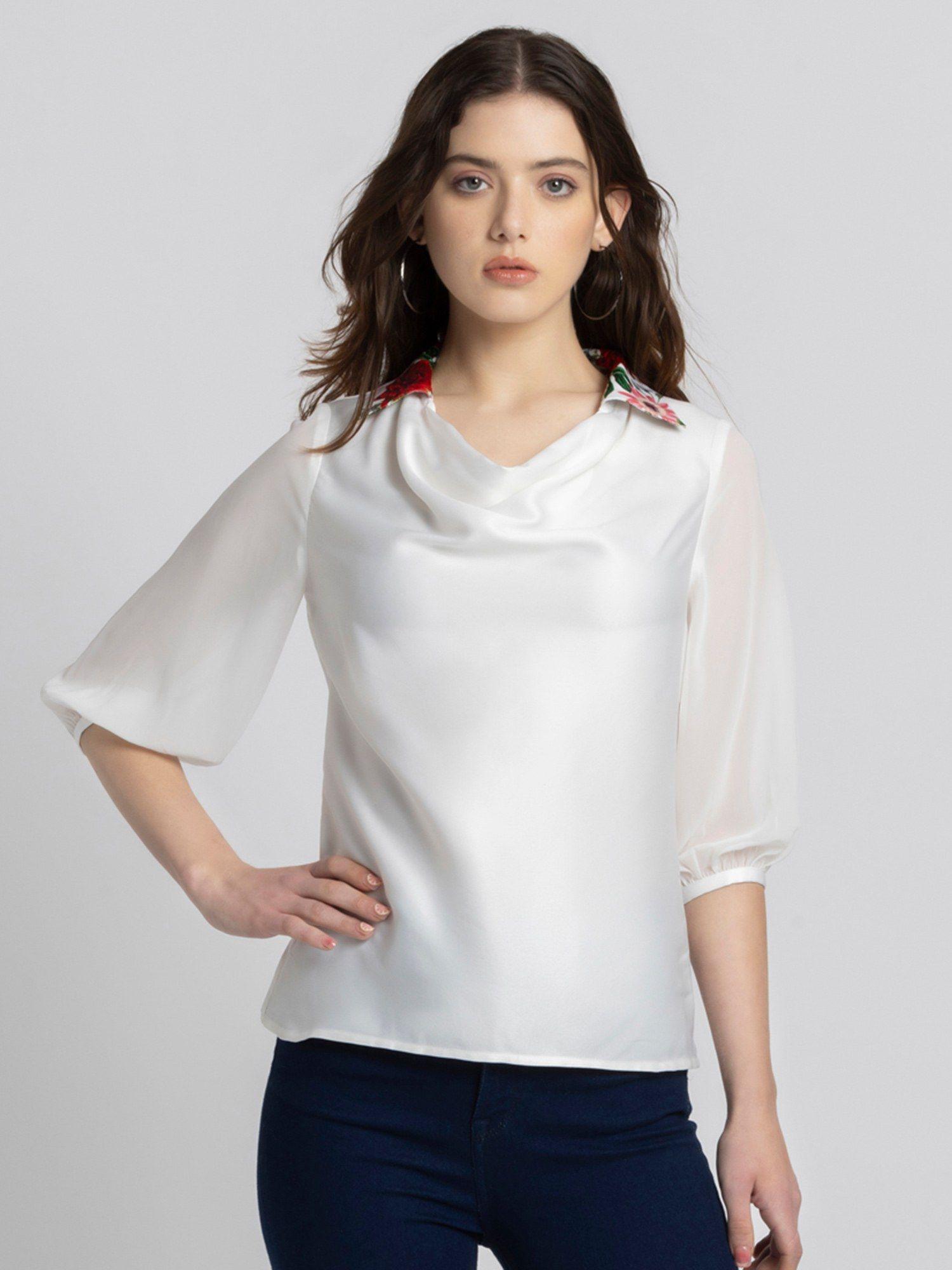 cowl neck white solid three-quarter sleeves casual top for women