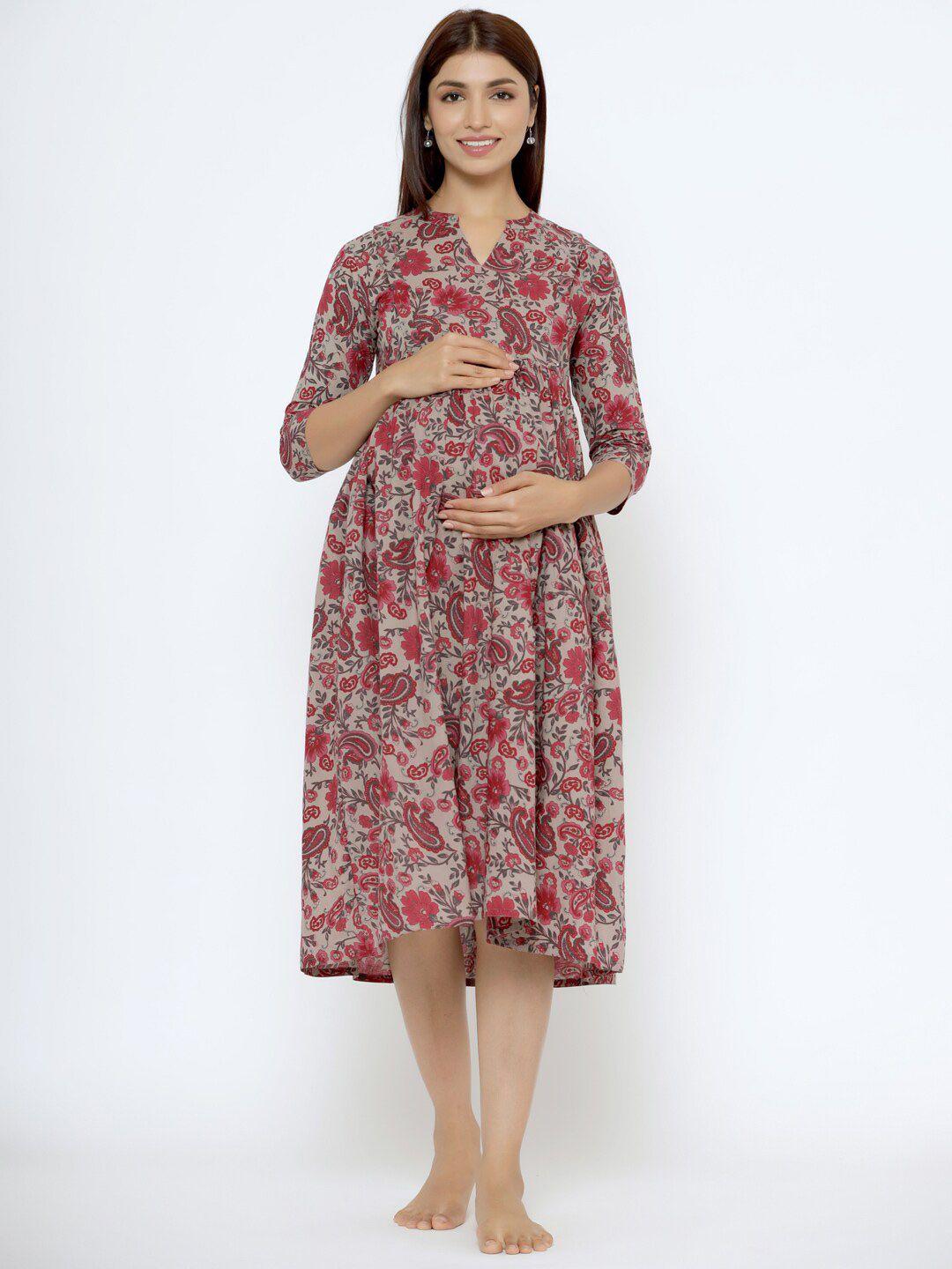 crafiqa grey floral print maternity a-line midi dress
