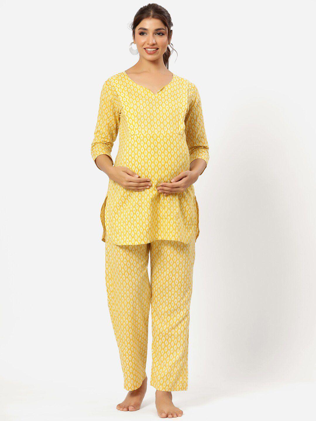 crafiqa women yellow & white printed pure cotton maternity & nursing night suit