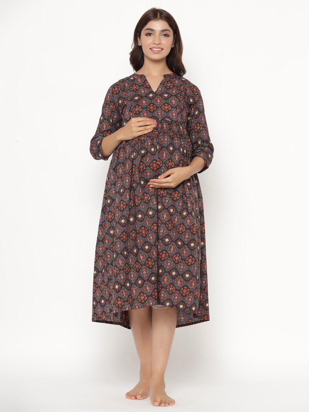 crafiqa black & rust floral printed maternity & nursing a-line cotton midi dress