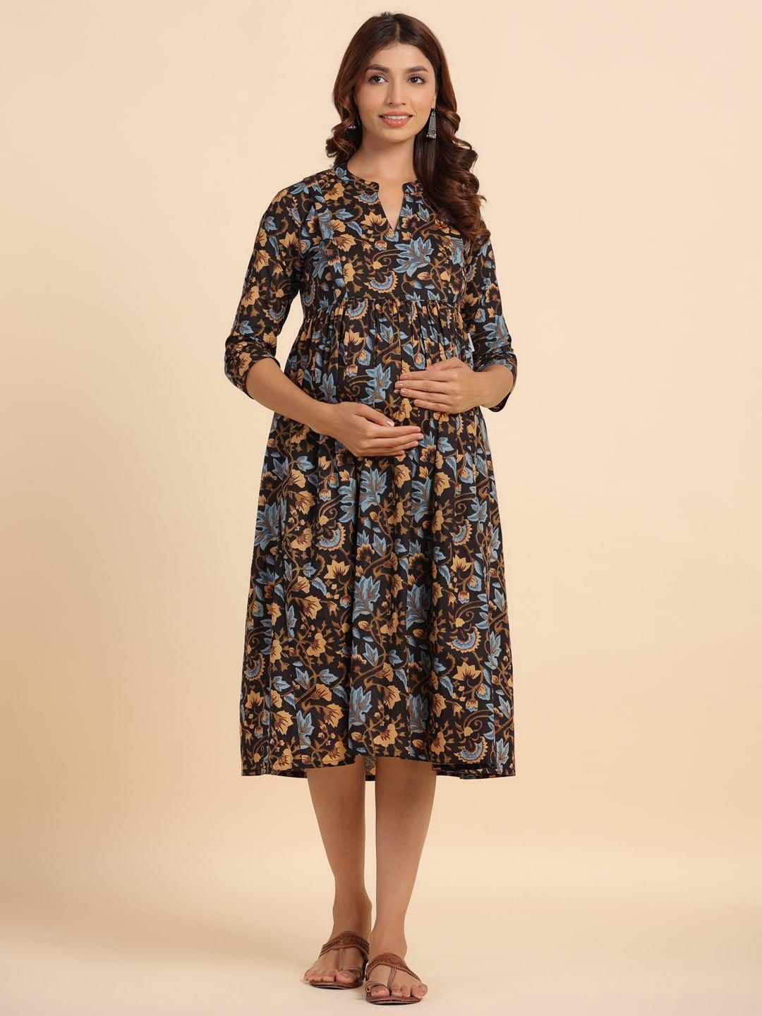 crafiqa black floral print maternity fit & flare midi dress