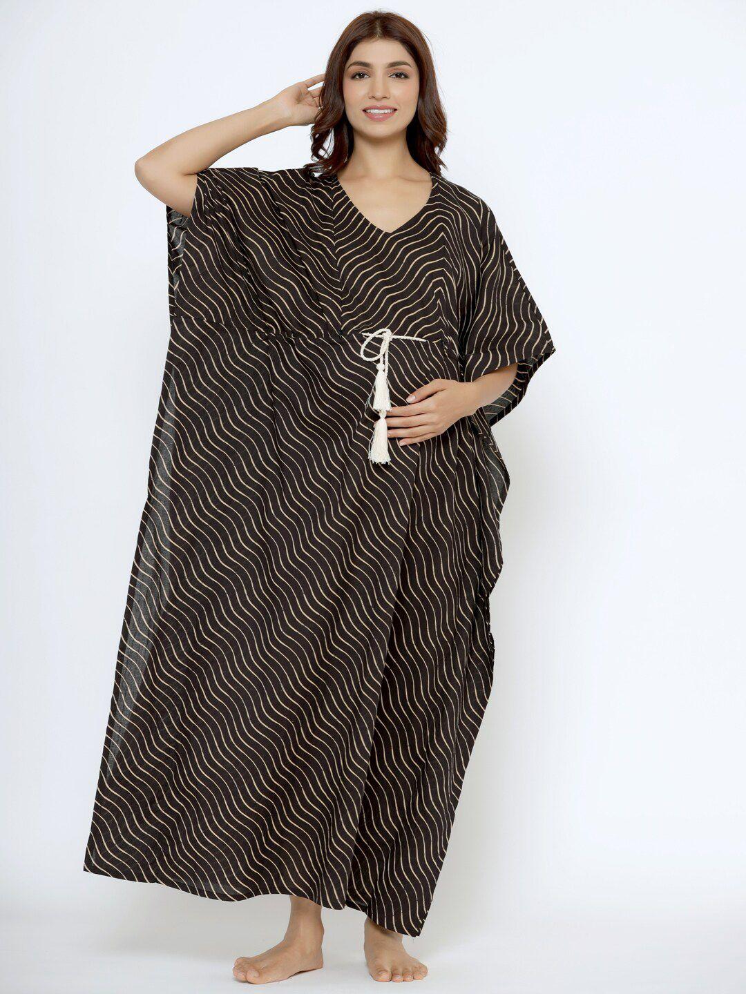 crafiqa black striped printed pure cotton maxi nightdress