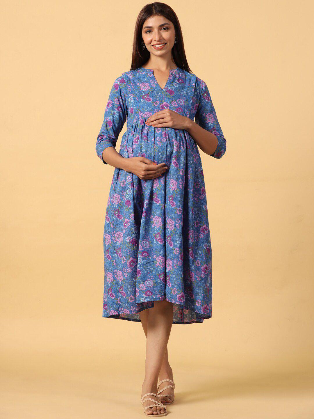 crafiqa blue floral print maternity empire midi dress