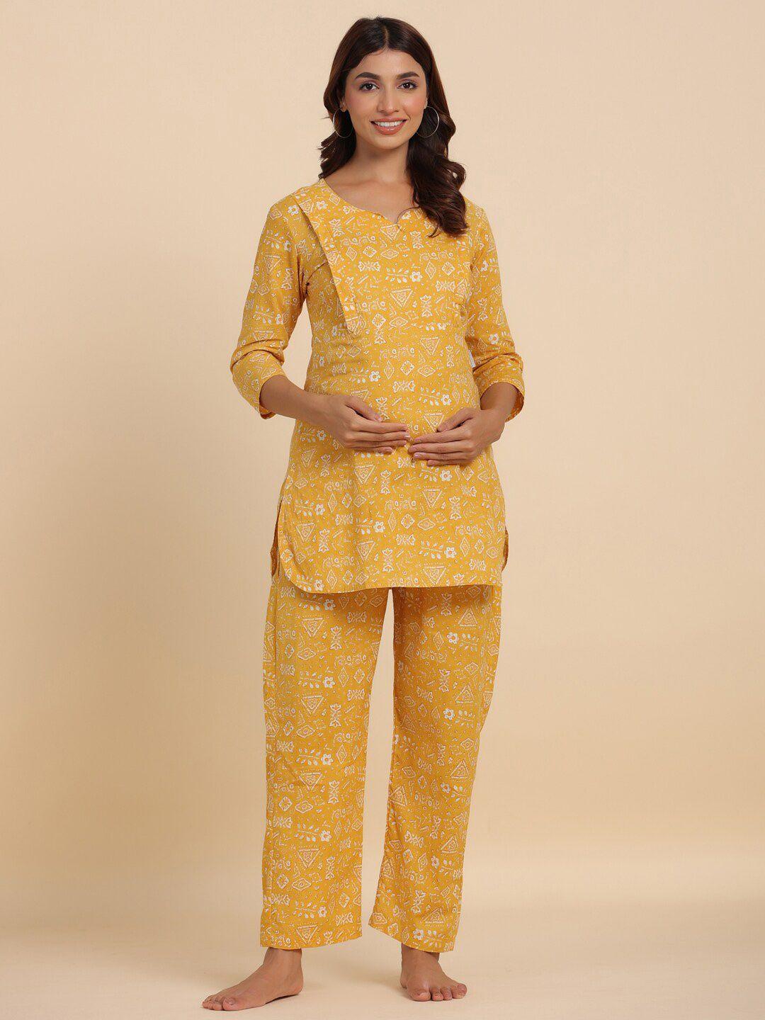 crafiqa conversational printed pure cotton maternity & nursing night suit