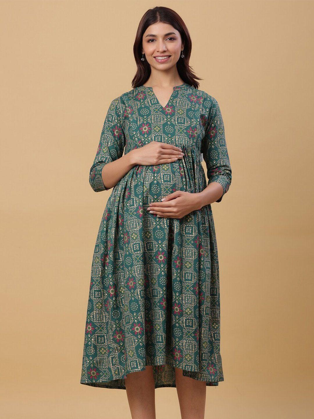 crafiqa ethnic motif printed maternity empire midi cotton dress