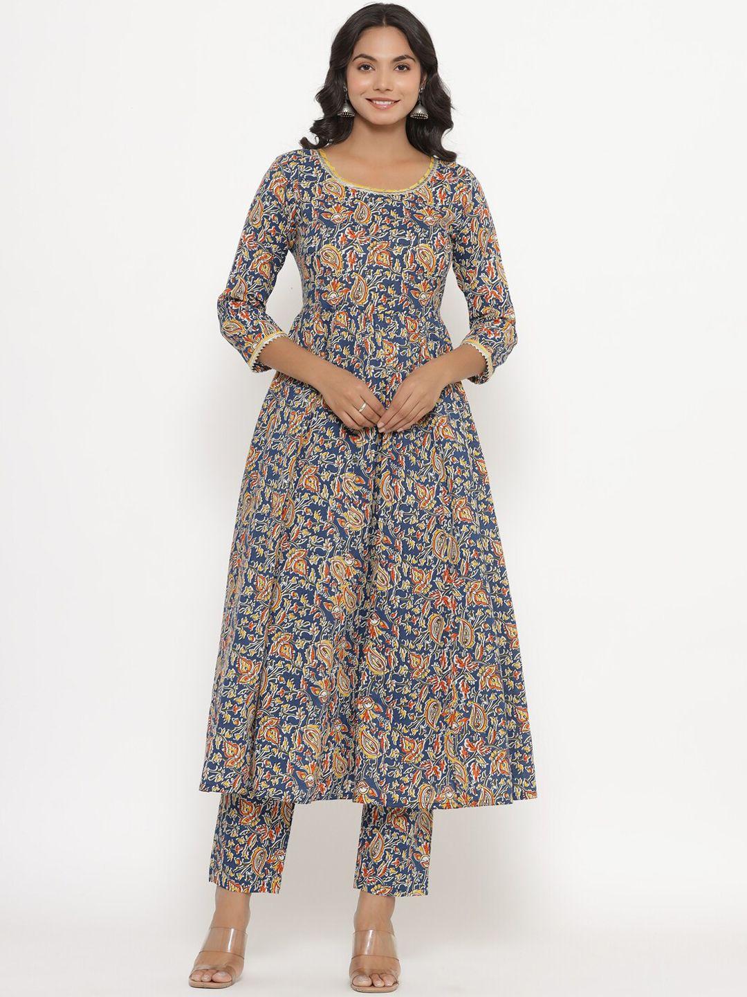 crafiqa ethnic motifs printed pure cotton anarkali kurta with trousers & dupatta