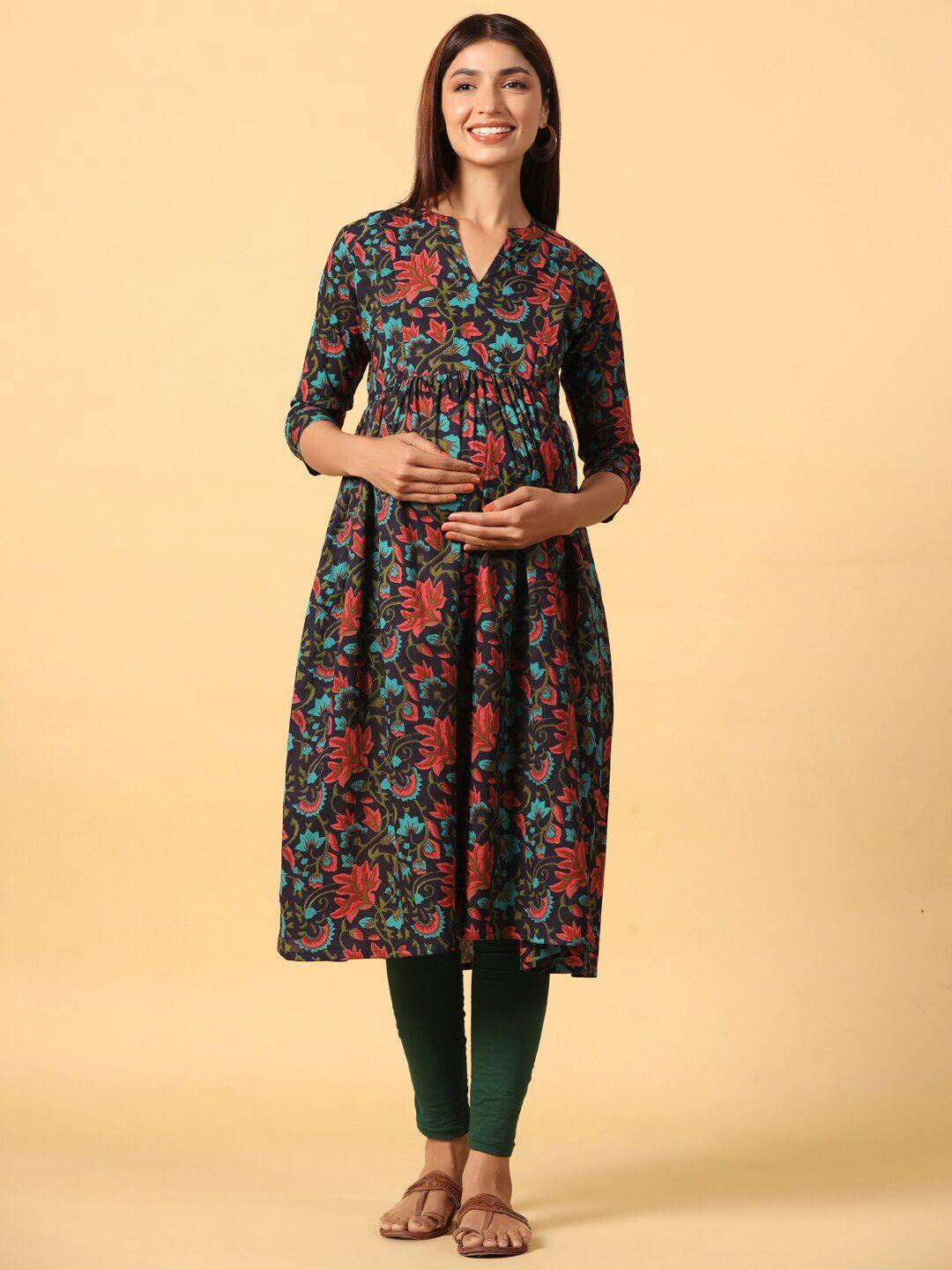 crafiqa ethnic motifs printed pure cotton band collar maternity a-line kurta