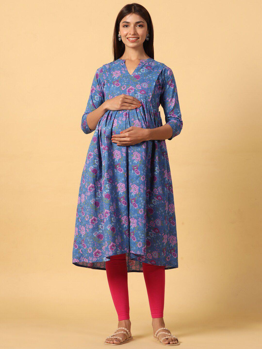 crafiqa floral printed pure cotton band collar maternity a-line kurta