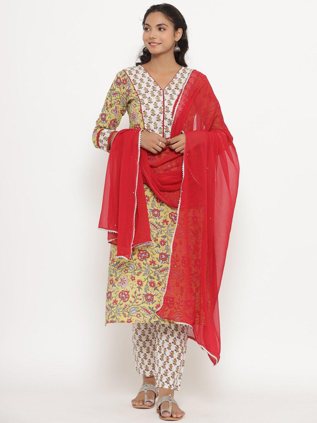 crafiqa floral printed sequinned pure cotton straight kurta with trousers & dupatta